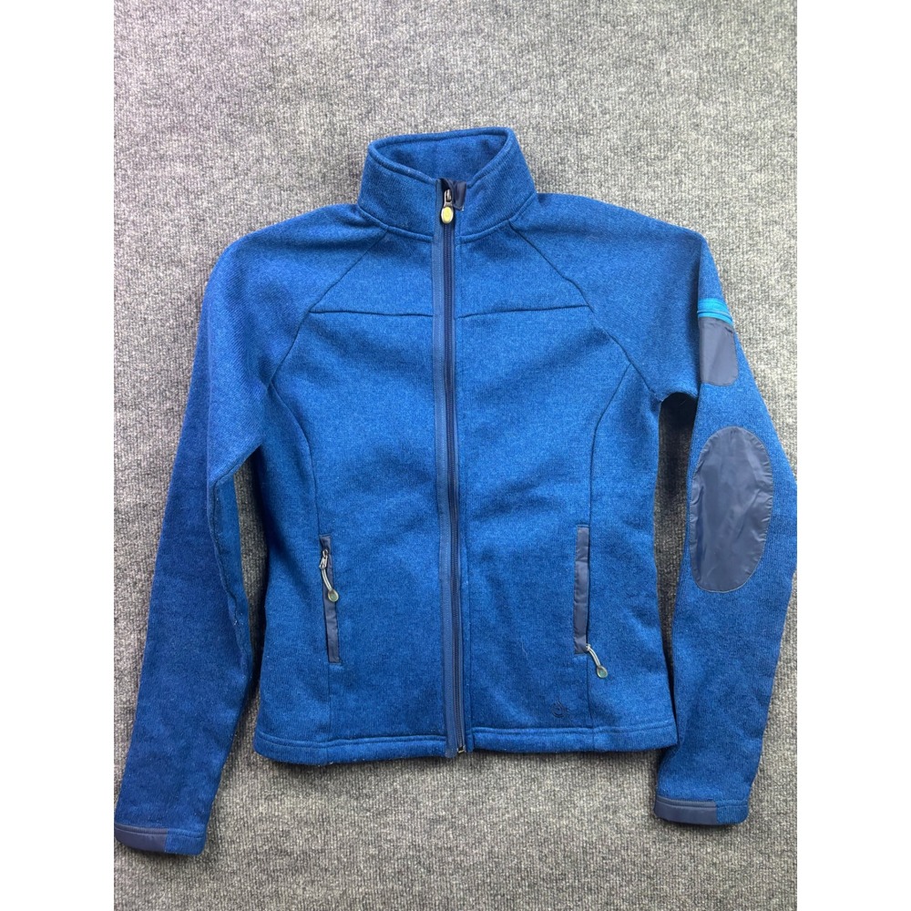 Isis Full Zip Fleece Jacket Womens Small Blue Sweater Knit Elbow Patches‎